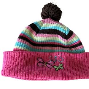 Ribbed Knit Cuff Beanie Toboggan Embellished pompom pink striped sequins 4-14